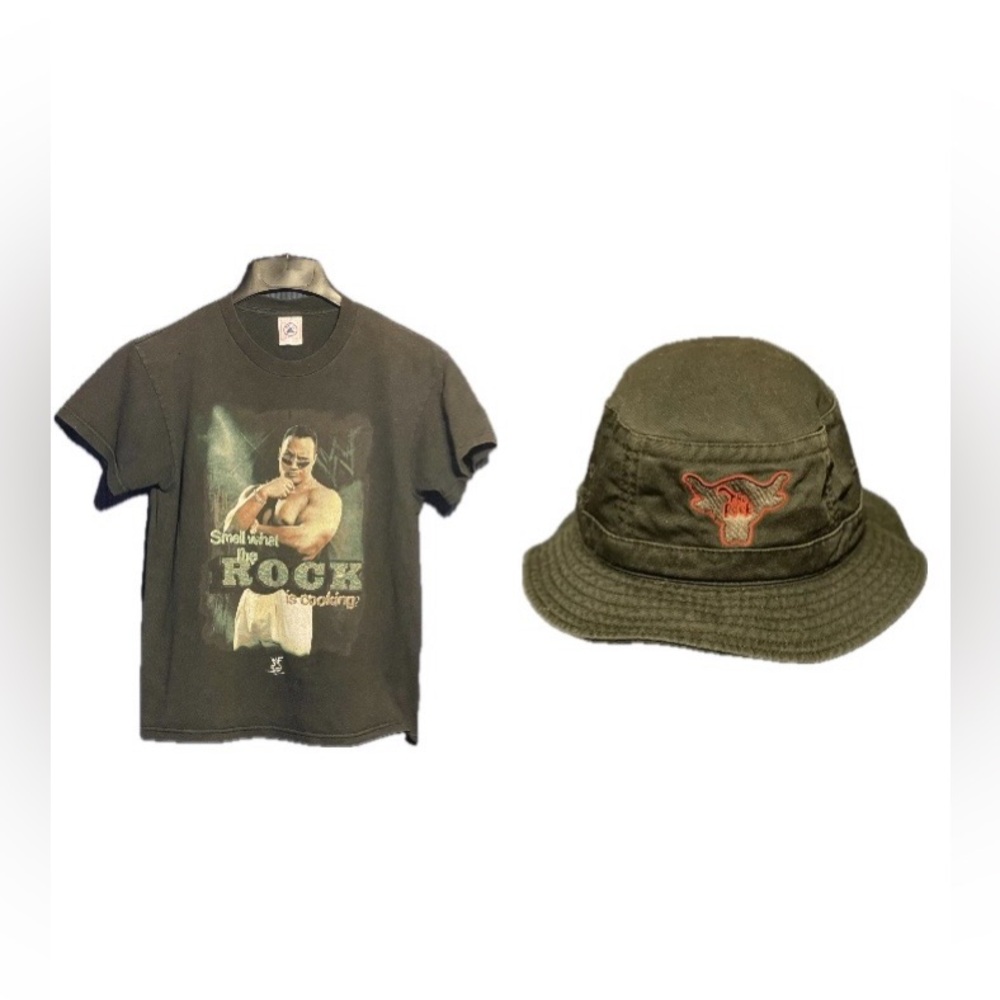 The Rock Smell What WWF 1998 Wrestling T-Shirt Youth Sz L Bucket Hat Lot Of 2